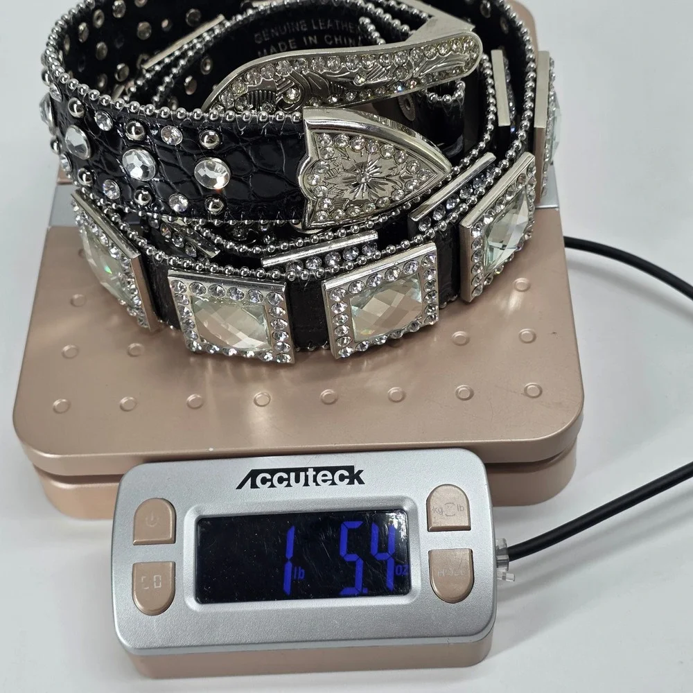 Black Leather Belt Rhinestone Crystal Western Bling Studded Large Y2K Rodeo Glam